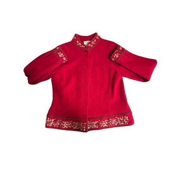Red Wool Jacket Blazer Ethnic Bohemian Button Down Sequin Embroidery Sz… - Picture 3 of 9